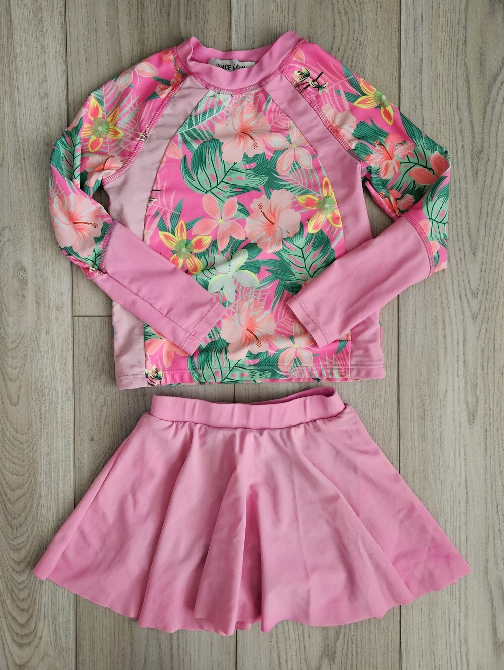 Grace Karin Girls Pink Tropical Floral Rash Guard Swim Skirt Set Swimsuit Size 6
